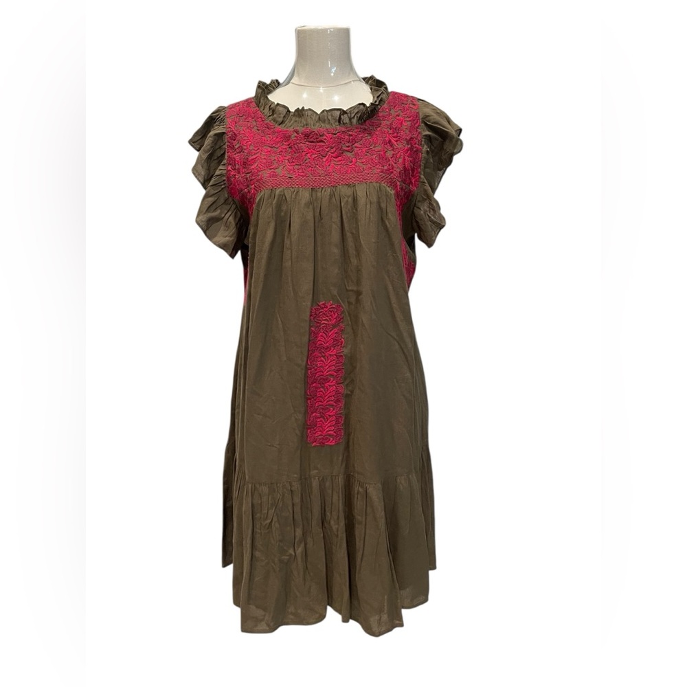 J. Marie Rayna olive green and pink ruffle embroidered mini dress XL
